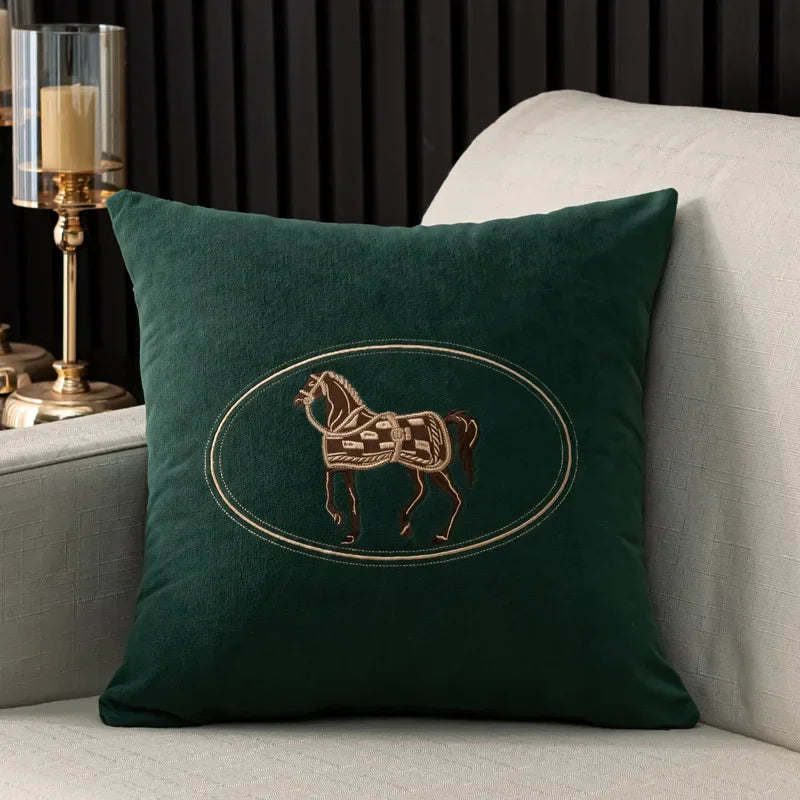 Elegant American Hand-Embroidered Cushion Cover with Horse Design, Perfect for Sofa Home Office Living Room or Car Size 45x45cm